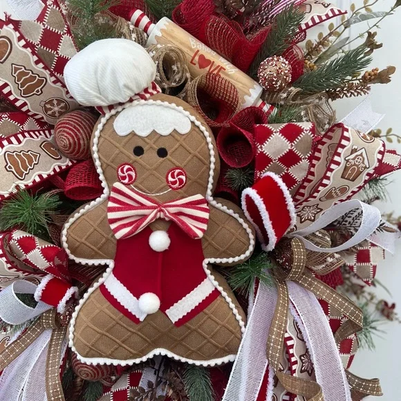 Adorable Red and White Gingerbread Holiday Wreath. Aprox 26” wide